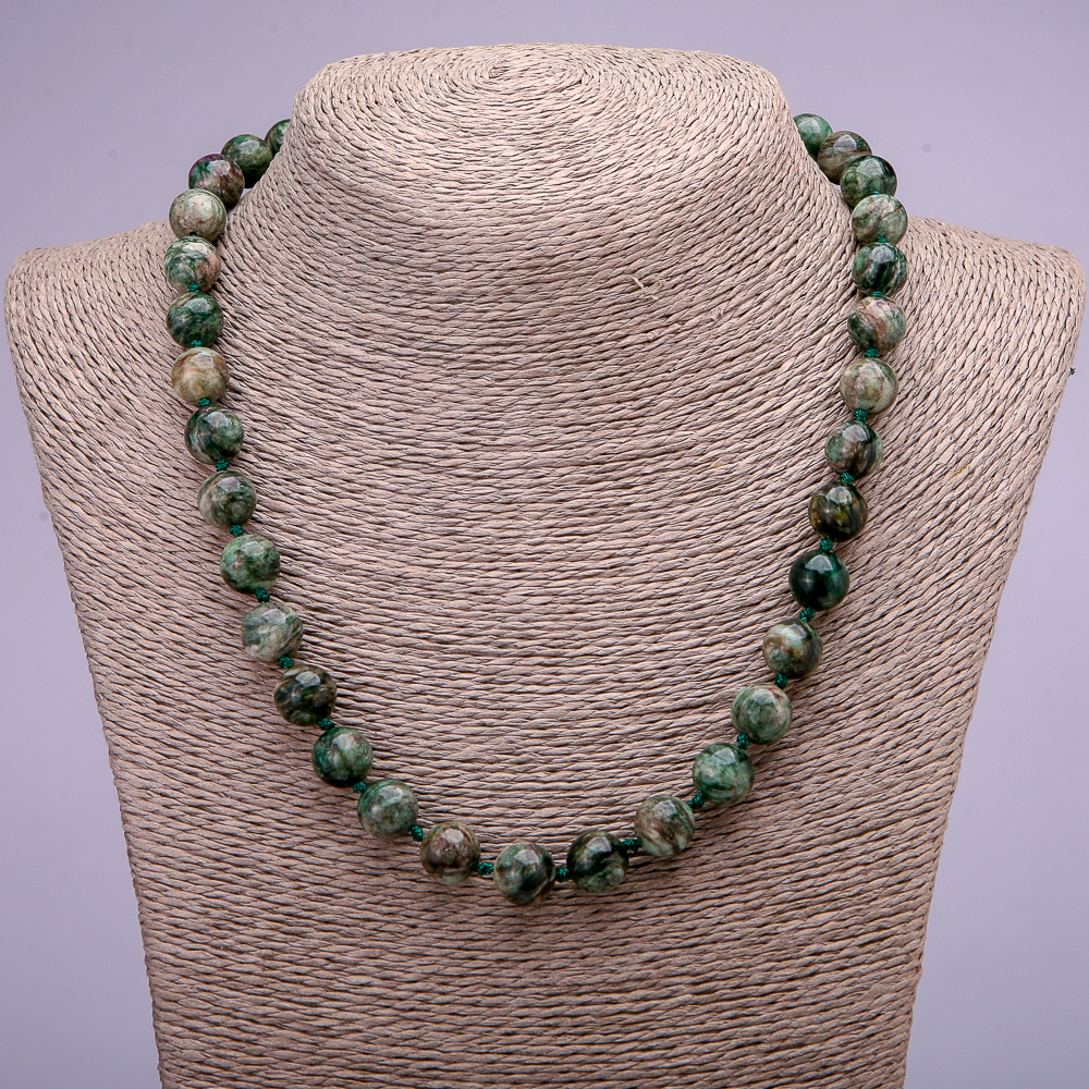Necklace of natural fuchsite (muscovite) smooth beads, diameter 10(±)mm, length 45cm+