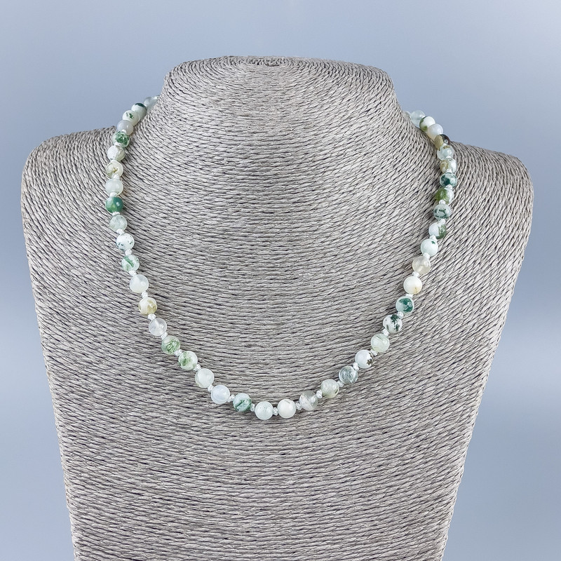 Natural Stone Moss Agate Necklace, Smooth Bead, 6mm Diameter, 48cm Length +