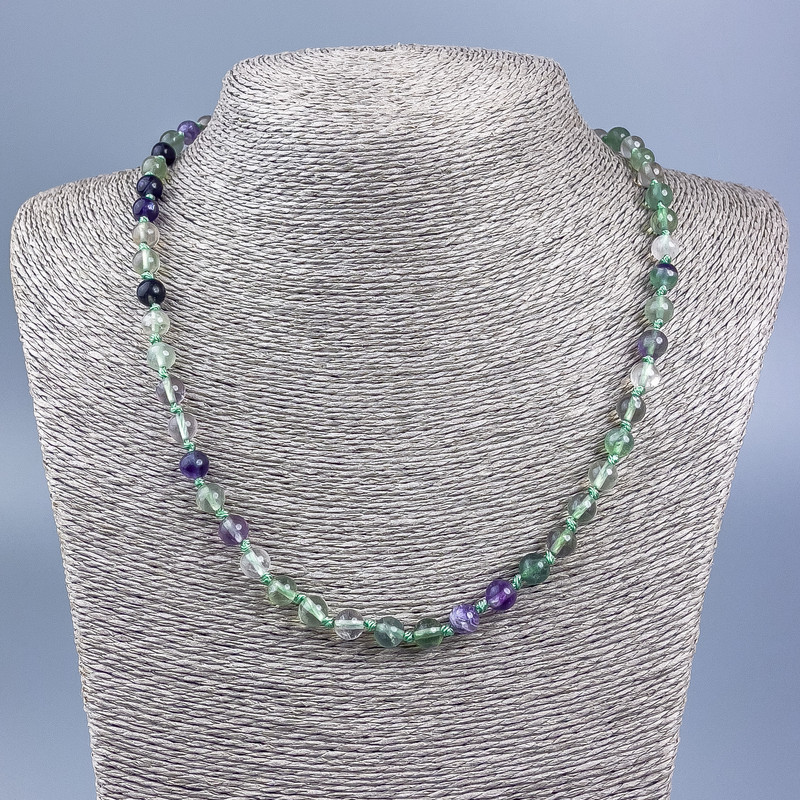 Fluorite natural stone necklace with smooth beads, 6.5 mm diameter, 52 cm length