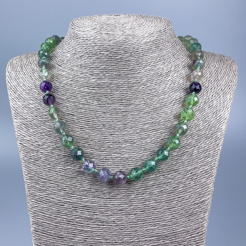 Fluorite natural stone necklace with faceted beads, diameter about 10 mm, length 50 cm