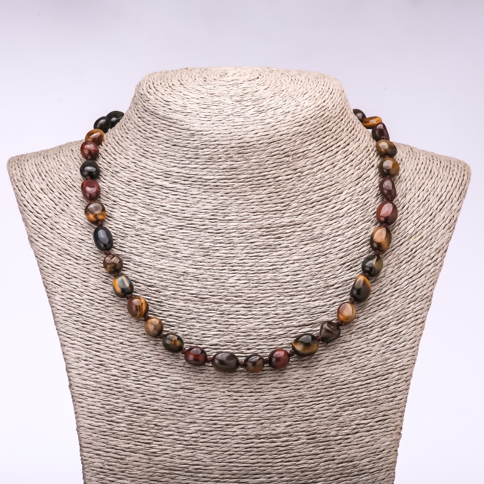 Necklace of Tiger's Eye, Bull's Eye, Hawk's Eye with Texturing, bead diameter 7-10mm, length 46cm