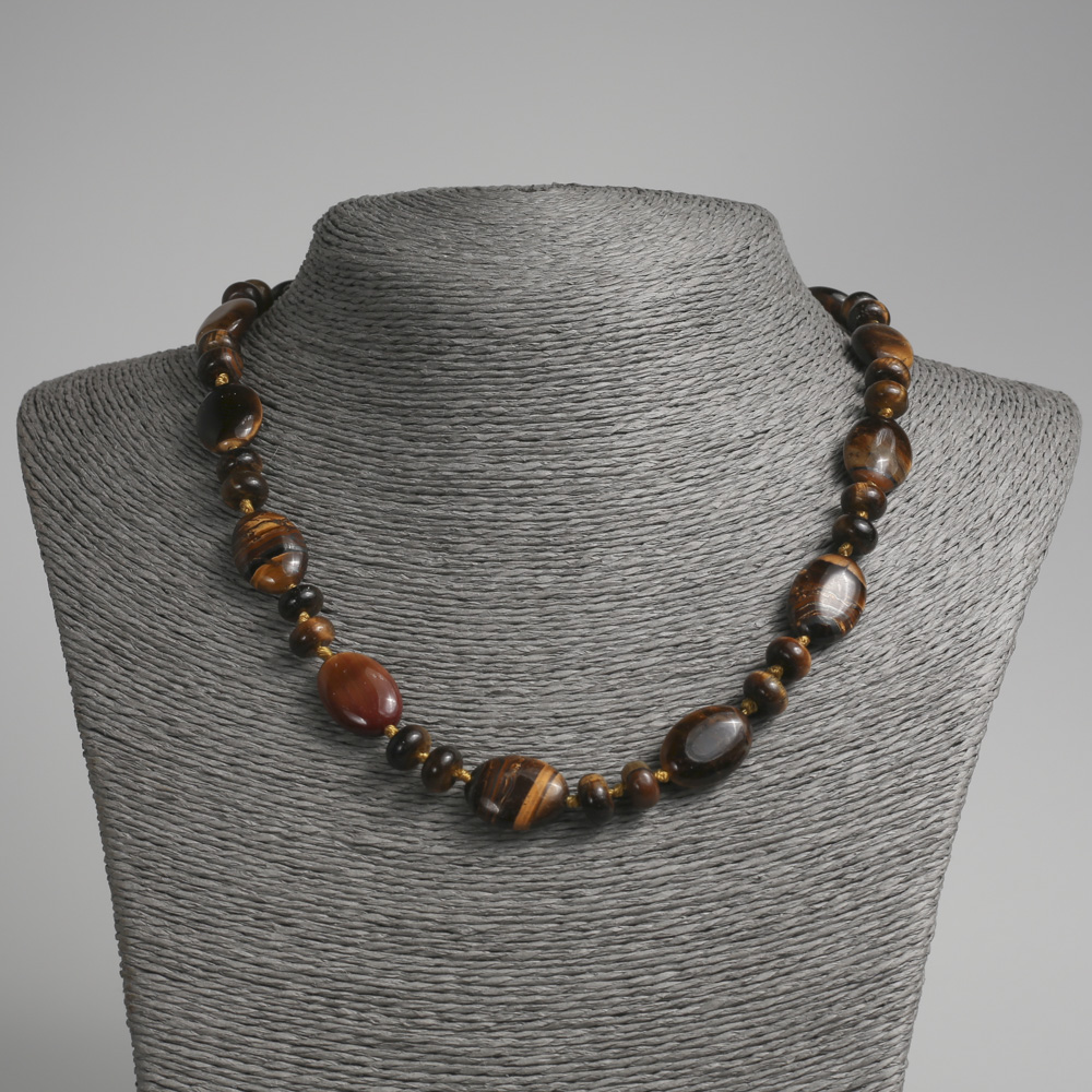 Tiger's Eye Natural Stone Necklace with Flat Oval Beads, 13x18 mm ±, Rondelle Beads 9x5 mm ±, Length 45 cm ±