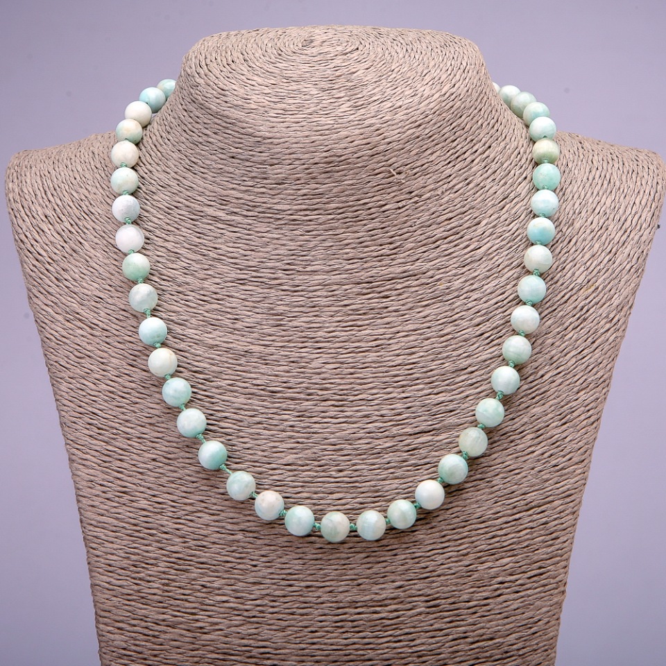 Larimar natural stone necklace with smooth beads, diameter 8(±)mm, length 45 cm