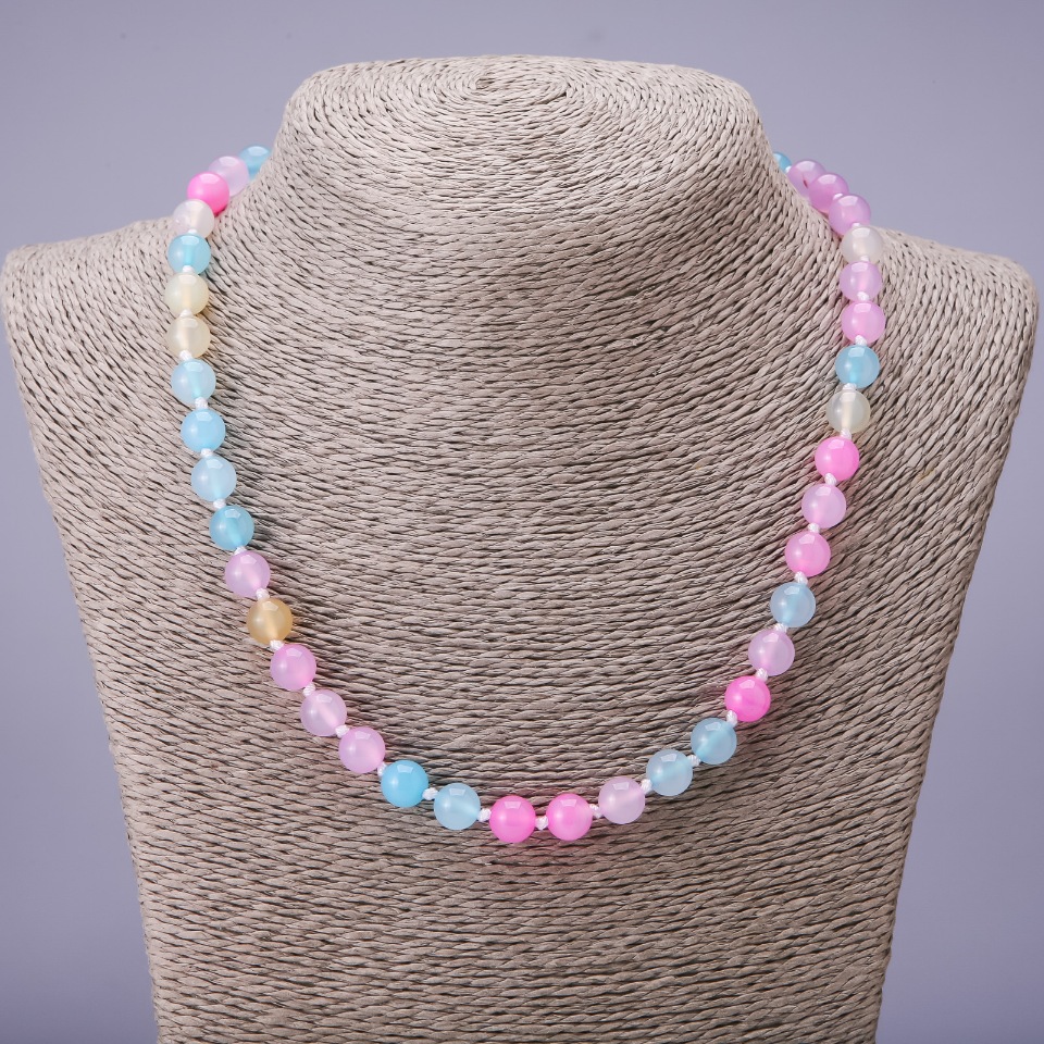 Bead necklace made of natural-toned stone, smooth beads, 8 mm diameter, 48 cm length