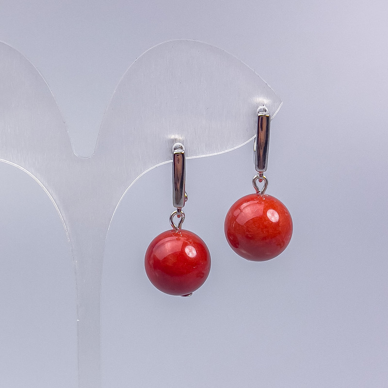 Earrings with Red Jasper Imitation — Smooth Bead, 14mm Diameter, 3cm Length