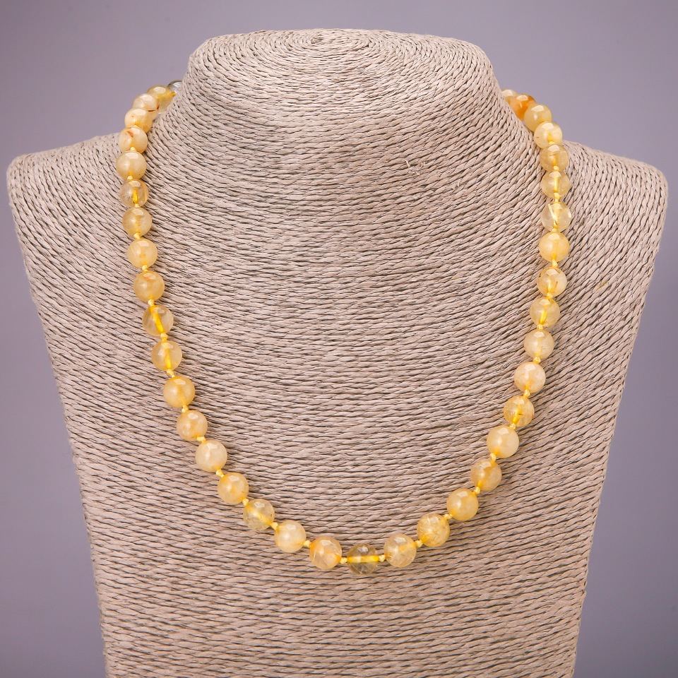 Rutilated Quartz Necklace with Smooth Beads, 8.5 mm Diameter, 48 cm Length