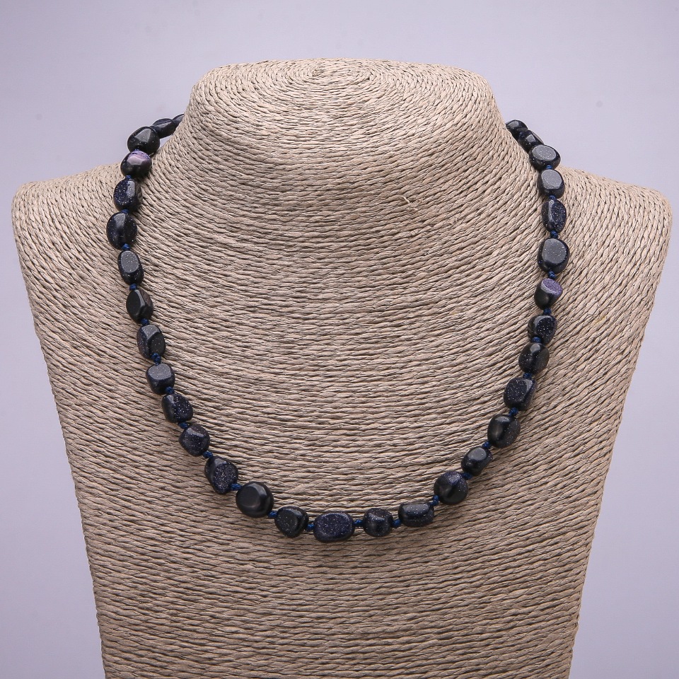 Necklace with Aventurine Stone 'Blue Sand' Cairo Night Faceting 8x10(±)mm, length 45 cm