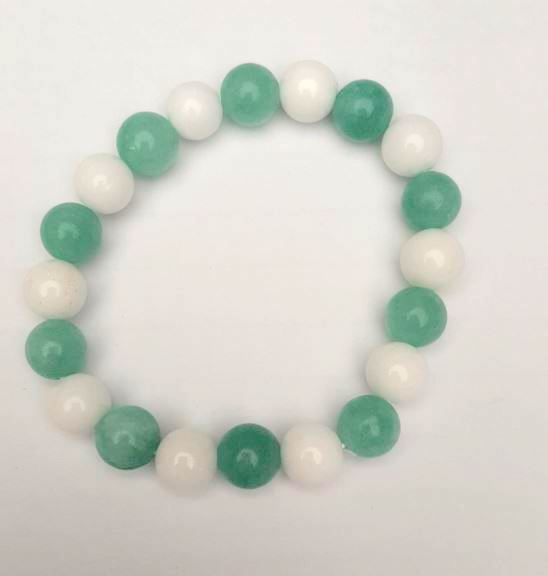 Bracelet with White Agate and Aquamarine (Imitation), Smooth Beads, 10 mm Diameter, 18 cm Length (Stretch)