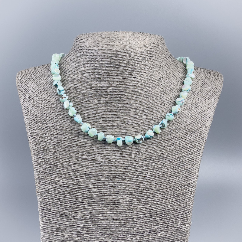 Azure-tinted natural mother-of-pearl necklace with round faceted beads, 8mm ±, length 48cm