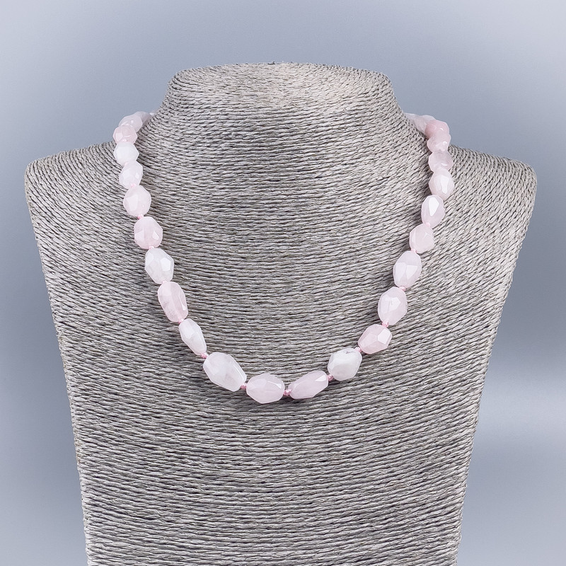 Natural stone necklace Pink quartz, faceted rondelle, diameter 10x12 mm, length 50 cm ±