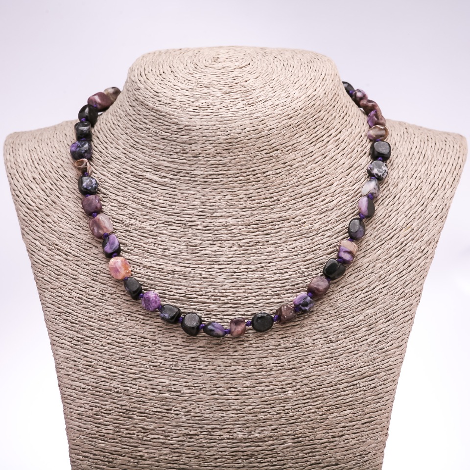 Charoite Natural Stone Bead Necklace, hammered texture, bead diameter 7–8 mm, length 45 cm