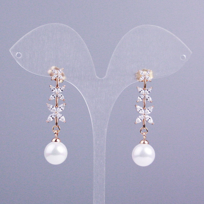 Xuping Stud Earrings with 18K Gold Plating, Long, 40 mm Length +/- with White Stones and Mallorca Pearl, 10 mm Diameter