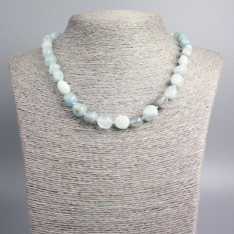 Natural aquamarine gemstone necklace with faceted beads, diameter 12×9–8×7 mm ±, length 47 cm ±