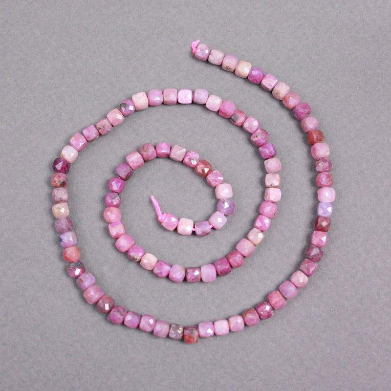Ruby Beads on Thread, Natural Stone, Faceted Cubes, 4x4 mm, 39 cm Length