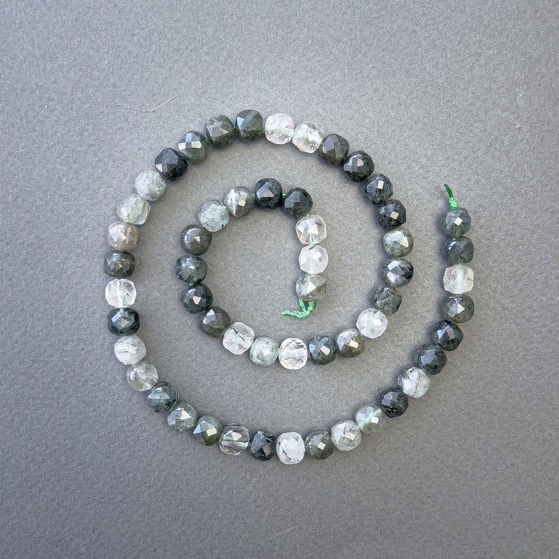 Beads Hairy Rutile Quartz, Natural Stone, Faceted Cube, 7×7 mm diameter ±, 39 cm length ± on thread