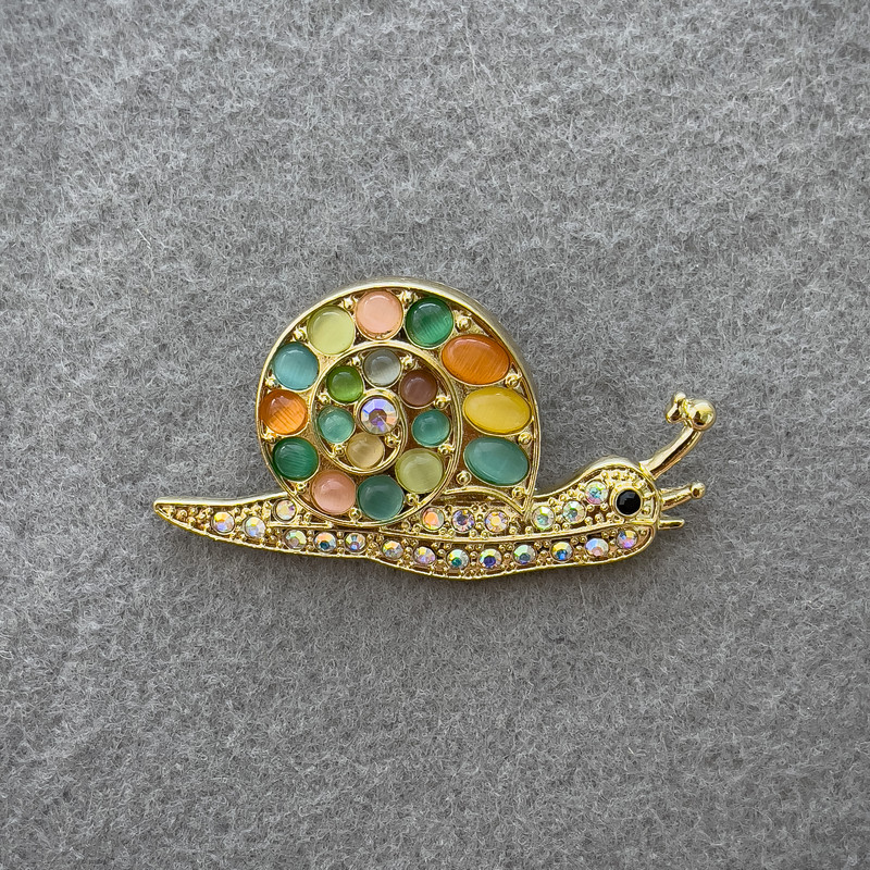 Brooch 'Snail' with Multicolored Cat's Eye and Rhinestones, Light-Gold Metal 28x55mm+