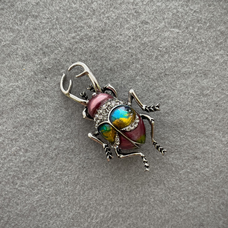 Beetle Brooch with pink, yellow and blue enamel, white crystals, silver metal 58×34 mm