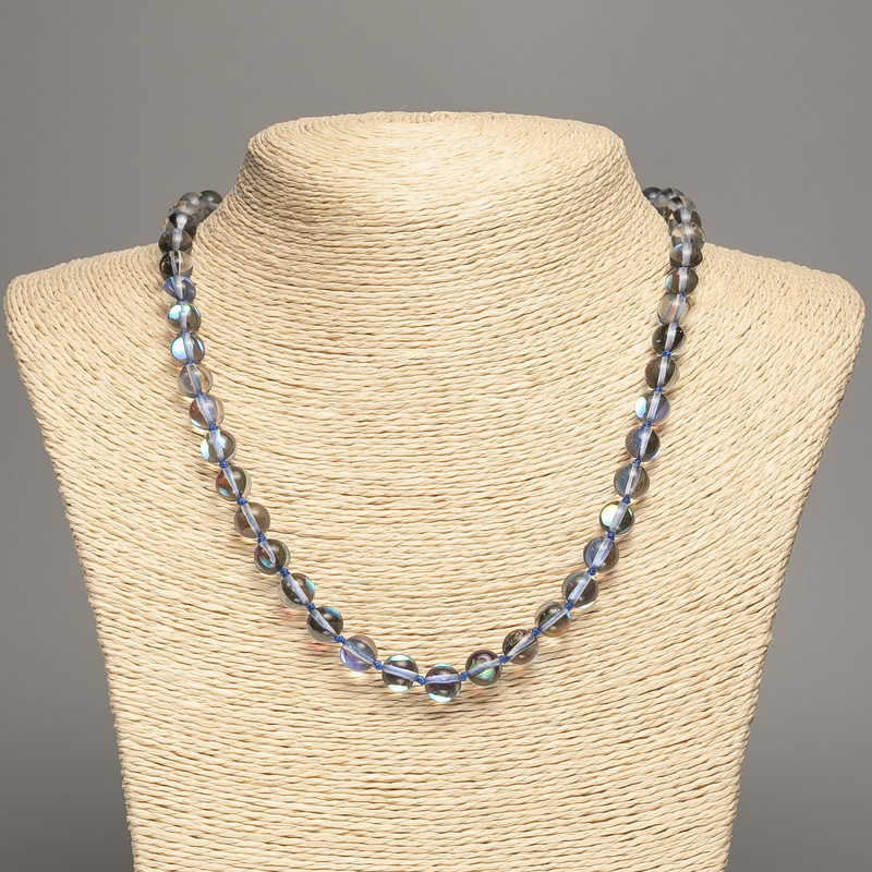 Opal Glass Necklace, Grey Chameleon, Smooth Beads, 8 mm Diameter, 49 cm Length