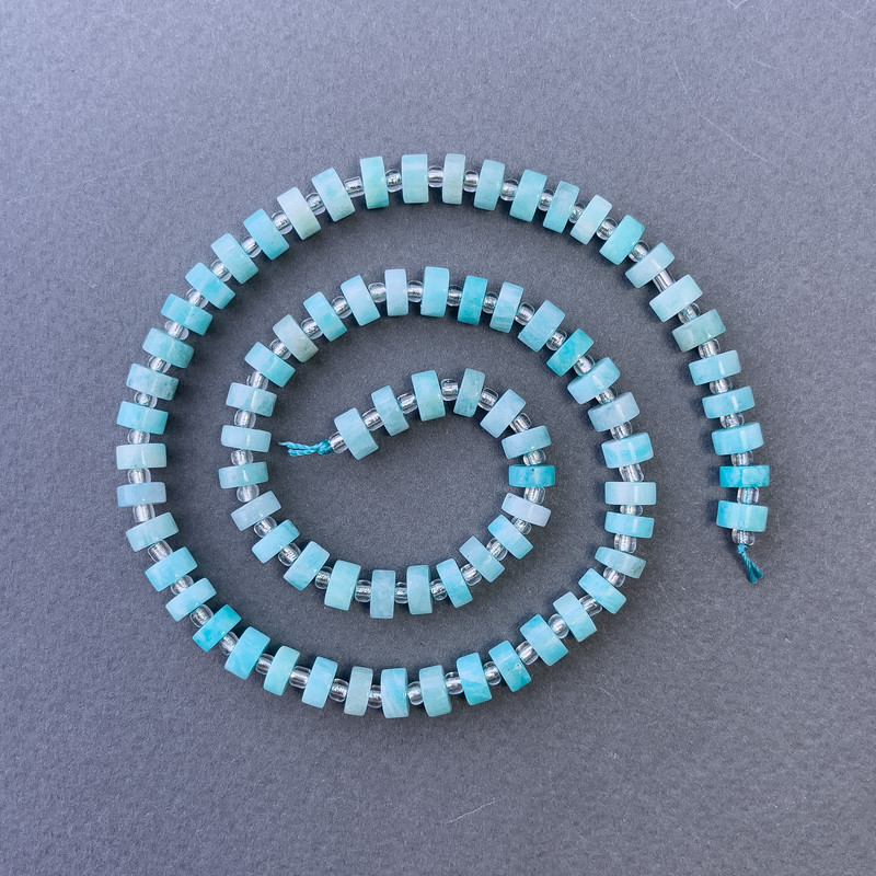 Amazonite Beads - Natural Stone Disc on Thread, Diameter 6×3 mm, Length 40 cm, with 3×2 mm Seed Beads