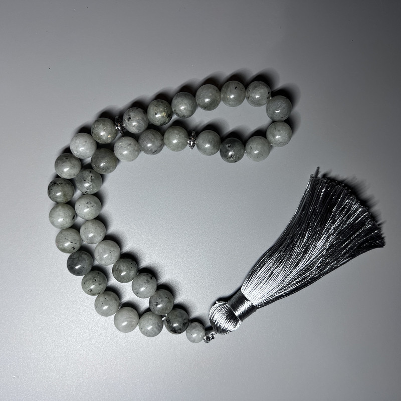 Labradorite prayer beads with natural stone, smooth beads, diameter about 10.5 mm, 33 beads, with metal inlays