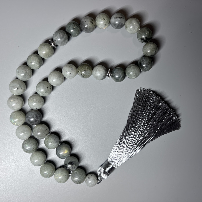 Labradorite natural stone prayer beads, smooth round beads, 12.5 mm diameter, 33 beads, with metal inlays