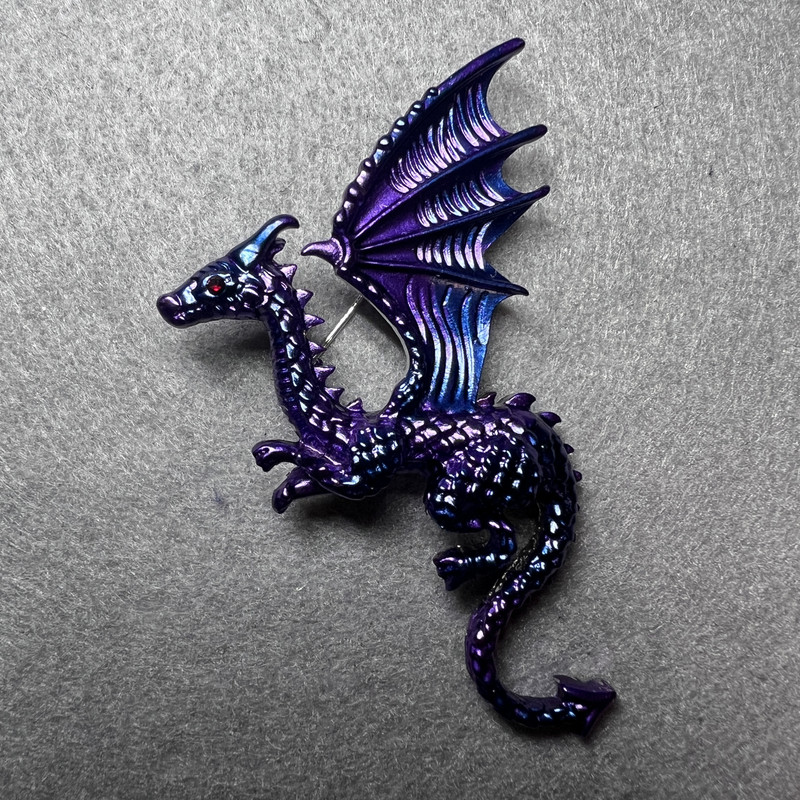 Dragon Brooch with matte purple and blue enamel, silver-tone metal 42×66 mm