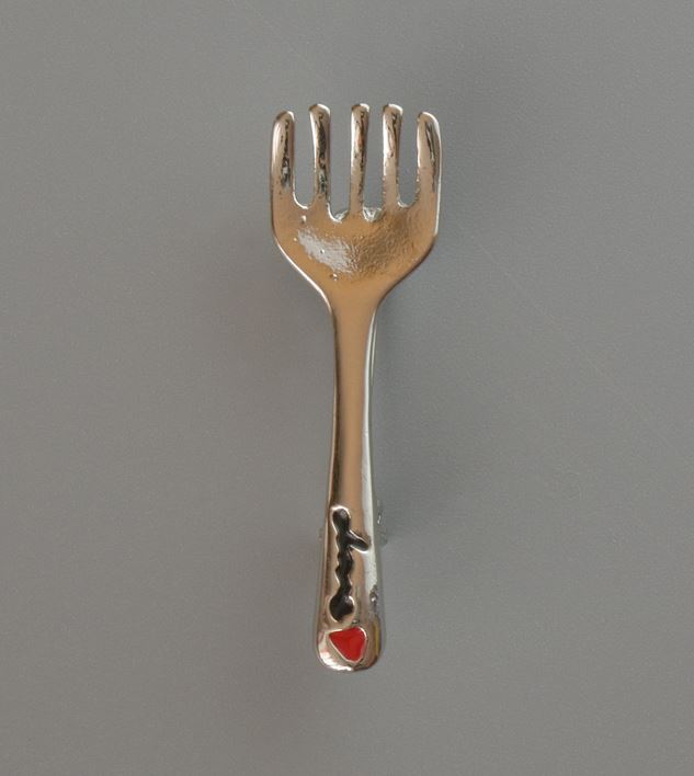 Fork-shaped Brooch with White and Black Enamel on Silver-Tone Metal 11×36 mm