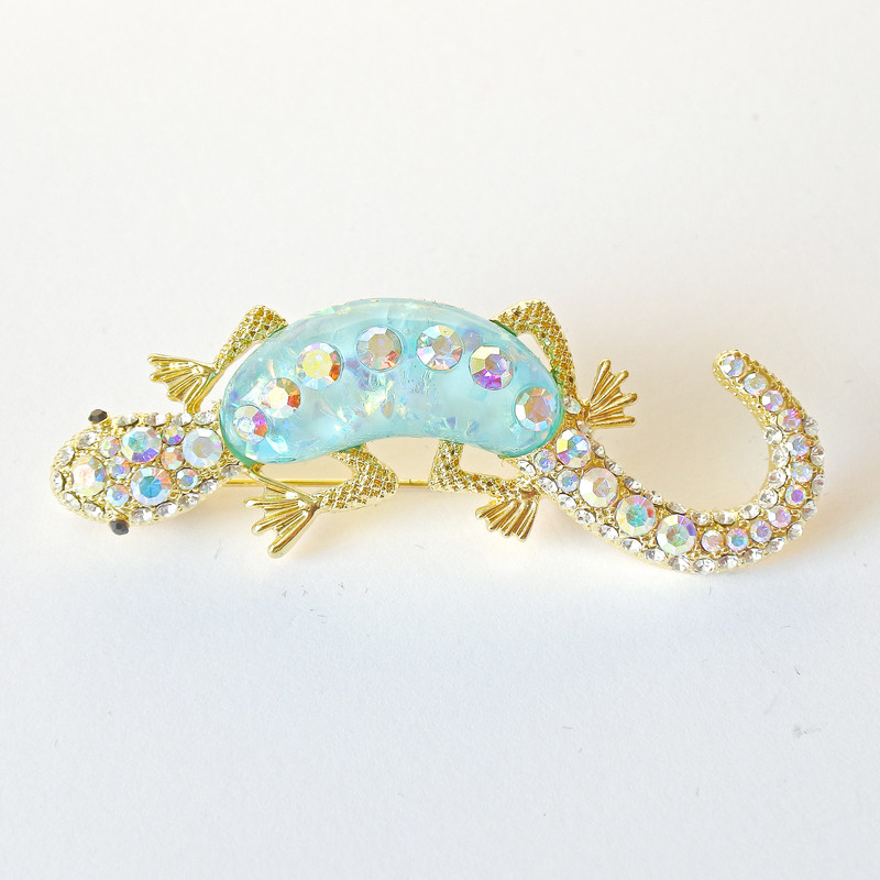 Lizard Brooch with Blue Aquarium Effect, White and Pink Rhinestones, Golden Metal 24×71 mm