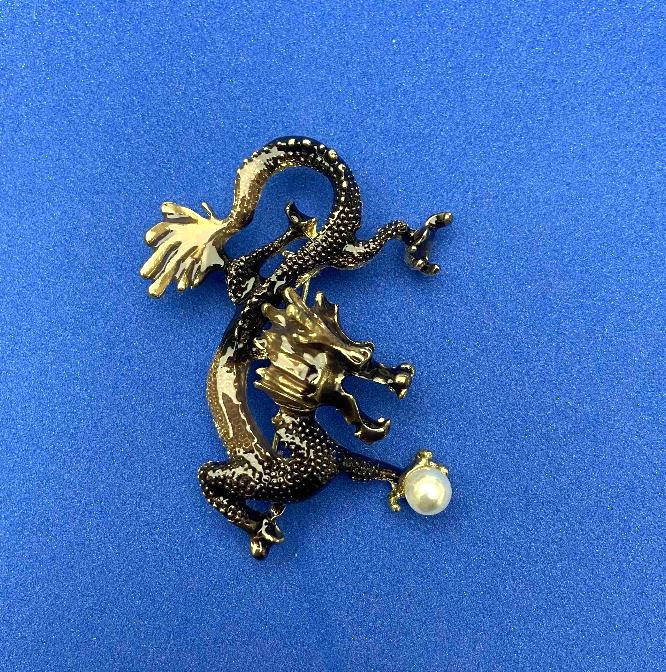 Dragon Brooch in Brown and Beige Enamel, White Bead, Golden Metal 41×51 mm