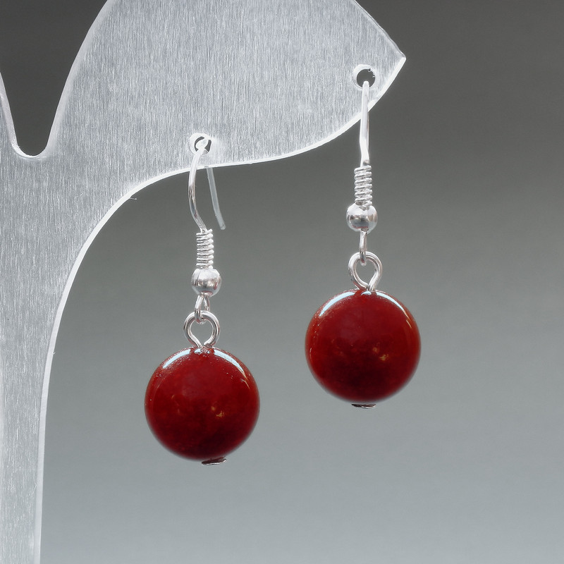 Earrings with Red Jasper (acrylic) smooth beads, 12 mm diameter ±, 33 mm length ±