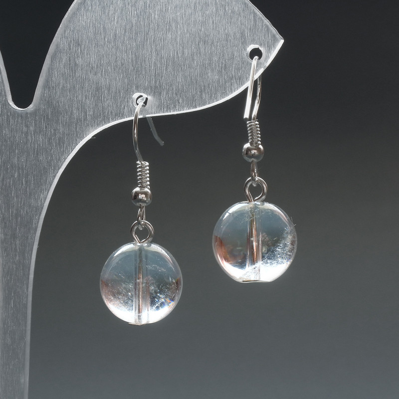 Earrings Mountain Crystal with Natural Stone, Smooth Bead, Diameter 12.5 mm, Length 33 mm