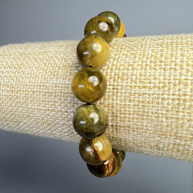 Yellow Pietersite Bracelet, Natural Stone, Smooth Beads, Diameter 12.5 mm ±, Length 18 cm ± (Stretch)