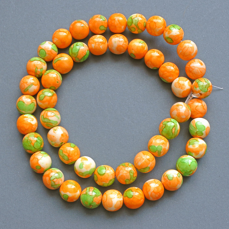 Variscite Beads (synthetic acrylic) green, orange, and white smooth round beads, 8.5 mm diameter, 39 cm length on beading thread