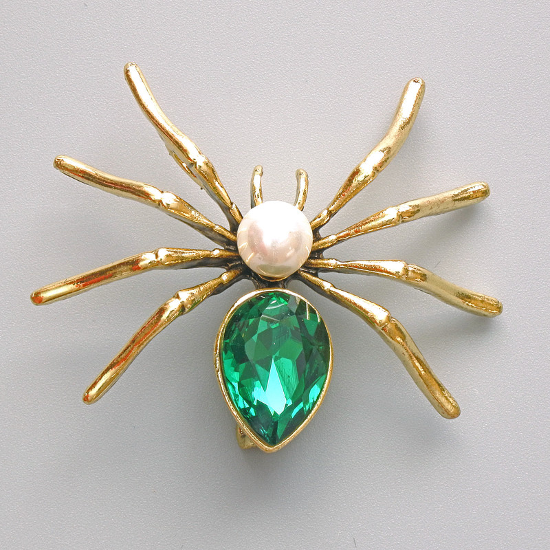 Brooch Pendant Spider with Green Crystal, White Bead, Gold-Tone Metal 45×39mm