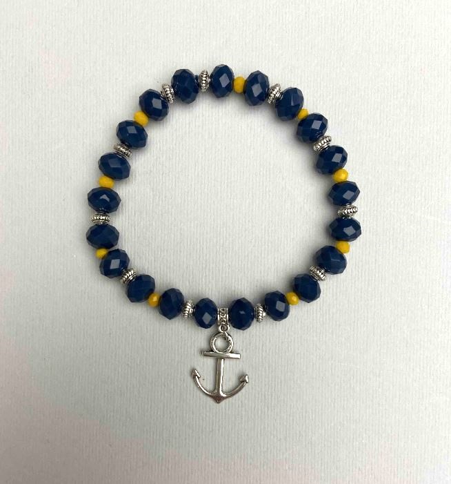 Bracelet with Blue and Yellow Czech Crystal, Faceted Rondelles, Diameter 8x6 mm, 3.5x3 mm +/-, Length 18 cm (stretch) with metal inserts