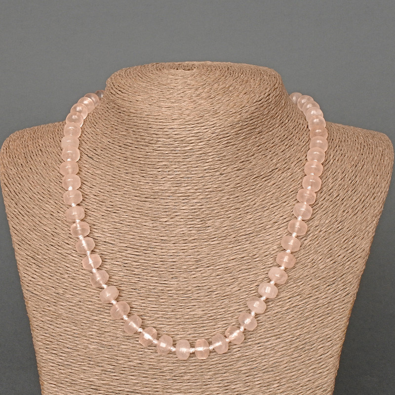 Pink Quartz Necklace - Natural Stone, Smooth Rondelle Beads, 9x7 mm, 49 cm length