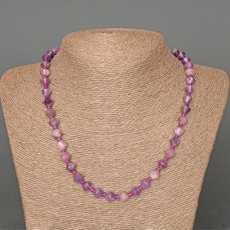 Natural Amethyst Necklace with Faceted Rhombus Beads, 8x8mm, 49 cm long, with seed beads